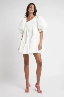 Aje Casabianca Braided Asymmetric Puff Sleeve Mini Dress Ivory Size 4 for rent on The Volte - image 1