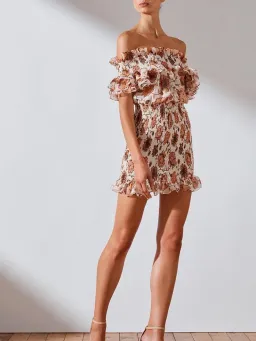 Shona Joy Baez Off The Shoulder Shirred Mini Dress Print Size 8 for rent on The Volte - image 1