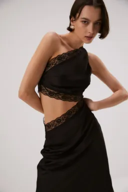 Misha Collection Jillian Satin Maxi Dress With Lace Cut Out One Shoulder Detail Asymmetric Black Sir the Label Style Size AU 8 for rent on The Volte - image 2