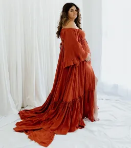 We Are Reclamation Ruffle Me Open Gown in Rust One Size Fits Most  for rent on The Volte - image 12