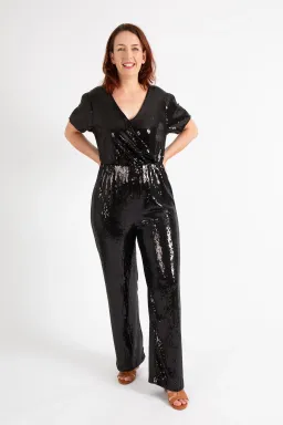 Hugo Boss Stretch Jersey Sequin Jumpsuit with Fixed Wrap Front Black Size AU 10 for rent on The Volte - image 2