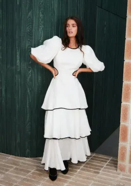 Mackenzie Mode Puff Sleeve Cutout Linen Maxi Tiered Dress White Size 10 for rent on The Volte - image 2