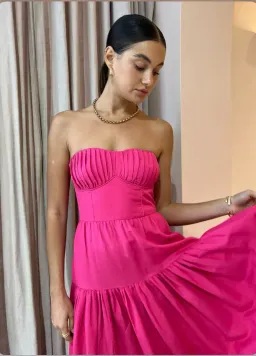 Shona Joy Joanine Linen Strapless Ruched Midi Dress Pink Size 8 / S for rent on The Volte - image 2