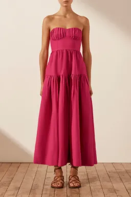 Shona Joy Joanine Linen Ruched Midi Dress Pink Size 14 / XL for rent on The Volte - image 1