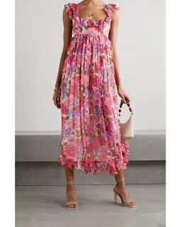 Zimmermann Poppy Frill Edge Midi Dress Pink Floral Size 0 / Au 8 for rent on The Volte - image 1