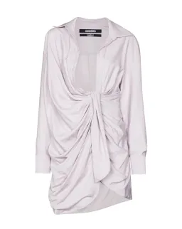 Jacquemus La Robe Bahia Knotted Shirt Dress Mini Lilac Size AU 8 for rent on The Volte - image 3