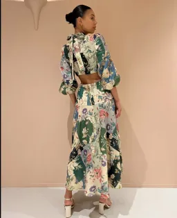 Alemais Loretta Long Sleeve Cutout Linen Patchwork Midi Dress Multi Size 10 for rent on The Volte - image 2