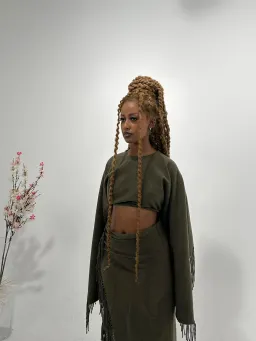 Christopher Esber Tassel Sleeve Scarf Crop Top and Sarong Skirt Set Green Size 8 for rent on The Volte - image 2