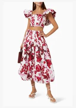 Aje Margot Bubble Sleeve Top & Cherie Bubble Midi Skirt Set Roses of Provence Floral Print Size AU 16   for rent on The Volte - image 1