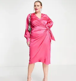 Never Fully Dressed Plus Satin Wrap Midi Dress Pink Size 22 for rent on The Volte - image 1