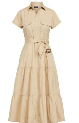 Ralph Lauren Belted Tiered Cotton Utility Midi Dress in Beige Size 6 for rent on The Volte - image 3