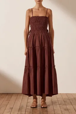 Shona Joy Kaia Shirred Tiered Midi Dress Chocolate Brown Size 14 for rent on The Volte - image 1