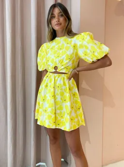 By Nicola Dahlia Ring Detail Mini Dress in Canary Blossom Size 8 for rent on The Volte - image 4