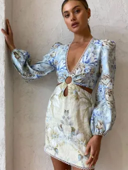 Sonya Moda Cut Out Linen Mini Dress in Botanica Print Size 10 for rent on The Volte - image 2