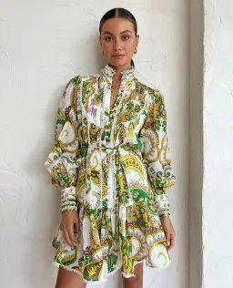 Alemais Octavia Mini Ruffle Dress Linen Long Sleeve Multi Size AU 8 for rent on The Volte - image 1