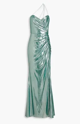 Marchesa Notte One-Shoulder Ruched Metallic Stretch-Jersey Gown Metallic Green Size 10 for rent on The Volte - image 3