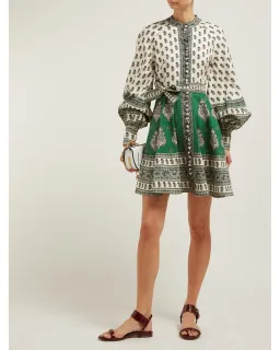 Zimmermann Amari Emerald Long Sleeve Buttoned Mini Dress Green Paisley Size 3 / Au 14 for rent on The Volte - image 1