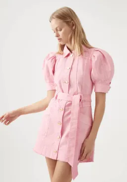 Aje Flora Denim Puff Sleeve Mini Dress Pink Size AU 8 for rent on The Volte - image 3