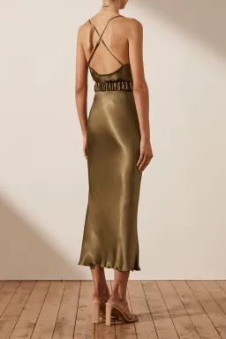 Shona Joy Gala Bias Midi Dress w/ Belt Warm Olive Size 8 for rent on The Volte - image 3