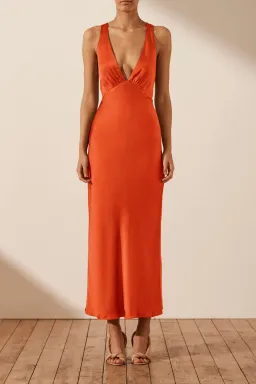  Shona Joy Milo Plunged Cross Back Midi Dress Hibiscus Size 6 for rent on The Volte - image 1