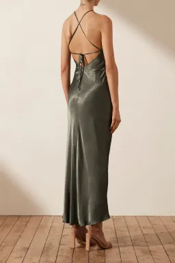 Shona Joy La Lune Gathered Square Neck Bias Midi Dress Olive Size 10 for rent on The Volte - image 2