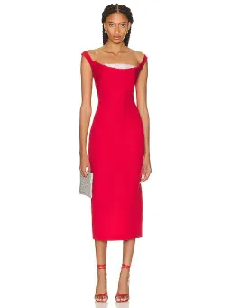 Roland Mouret Off Shoulder Diamante Midi Dress Red Size 12 for rent on The Volte - image 1