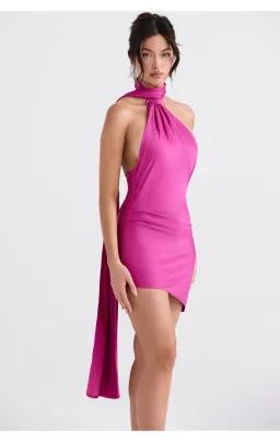 House of CB Aida Asymmetric Satin Wrap Neck Mini Dress Hot Pink Size S/Au 8  for rent on The Volte - image 3