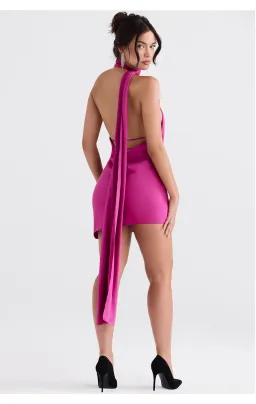 House of CB Aida Asymmetric Satin Wrap Neck Mini Dress Hot Pink Size S/Au 8  for rent on The Volte - image 4