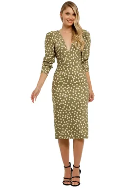 By Johnny Peach Polka V Plunge Midi Dress Olive Peach Size 12 for rent on The Volte - image 1