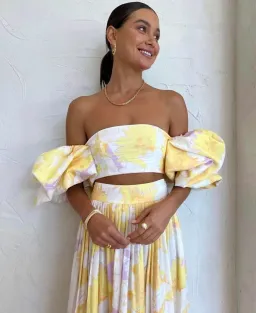 Leo Lin Simone Puff Top & Elina Skirt Set Jasmine Print in Sun Size 12  for rent on The Volte - image 2