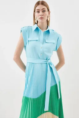 Karen Millen Colour Block Pleated Woven Midi Shirt Dress Multi Size 8 for rent on The Volte - image 4