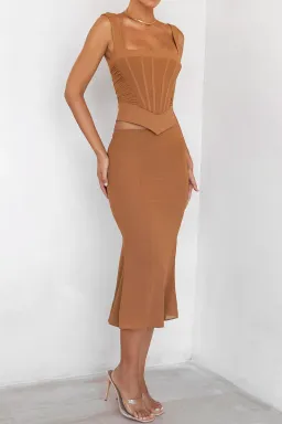 House of CB Mistress Rocks Caramel Gathered Corset & Midi Skirt Set Brown Size XS / AU 6 for rent on The Volte - image 4