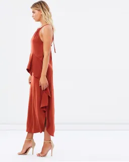 Shona Joy Voltaire Ruched Ruffle Midi Dress Rust Size 6 for rent on The Volte - image 5