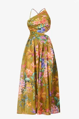 Zimmermann Tropicana Asymmetric Midi Dress Khaki Floral Size 2 / AU 12 for rent on The Volte - image 3