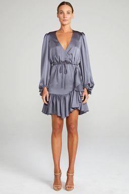 ANNA PUFF SLEEVE DRAWSTRING MINI DRESS - CHARCOAL for rent on The Volte - image 1