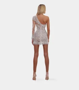 Albina Dyla Short Silver One Sleeved Dress Sequin Size 8 for rent on The Volte - image 4