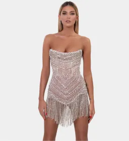 Albina Dyla Mini Silver/nude Corset Tassel Dress Silver/Nude Size 10 for rent on The Volte - image 2