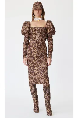 LPA Abana Dress Ruched Midi Brown Animal Print Size XS / AU 4 for rent on The Volte - image 1