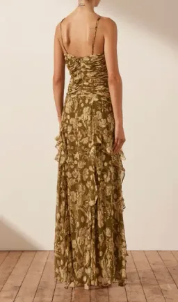 Shona Joy Rosaline Keyhole Frill Maxi Dress in Cumin Multi Size 6 for rent on The Volte - image 3