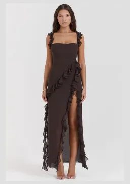 House Of CB Ariela Ruffle Maxi Dress Brown Size XS / AU 6 for rent on The Volte - image 1