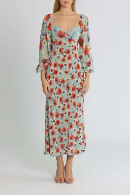 Rixo London Gio Neckline Midi Dress Blue Multi Print Size 14 for rent on The Volte - image 1