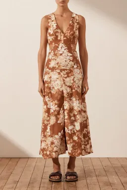 Shona Joy Capucine Linen Panelled Flare Midi Dress Floral Size 6 for rent on The Volte - image 1