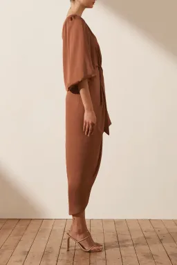Shona Joy Luxe Tie Front One Shoulder Midi Dress in Mocha Size XS / AU 6 for rent on The Volte - image 4