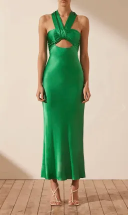 Shona Joy Lana Ruched Halter Midi Dress in Tree Green Size 10  for rent on The Volte - image 1