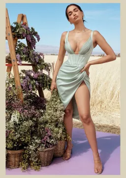 House of CB Faye Satin Corset Midi Dress Pistachio Size M / AU 10 for rent on The Volte - image 1