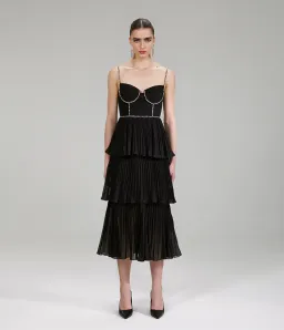 Self Portrait Embellished Pleated Midi Dress Black Size 8 for rent on The Volte - image 1