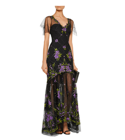 Marchesa Notte High Low Illusion Tulle Gown Dress Black Floral Size 8 for rent on The Volte - image 1