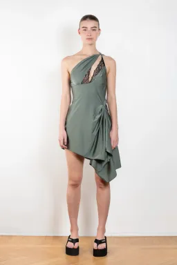 Coperni Lace-Trim Asymmetric Mini Dress Green Size 8 for rent on The Volte - image 1