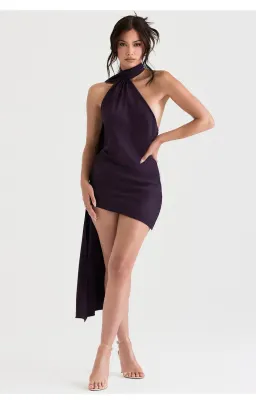 House of CB Aida Asymmetric Satin Wrap Neck Mini Dress in Nightshade Size M/ AU 10 for rent on The Volte - image 1