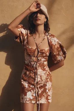 Shona Joy Capucine Linen Lace Front Lantern Sleeve Mini Dress Floral Size 8 for rent on The Volte - image 3